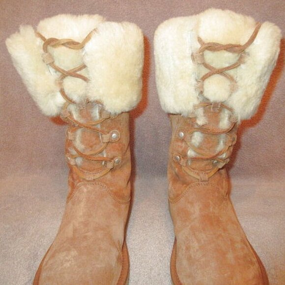UGG Australia Montclair Winter Boots Size 7 Sheepskin Lace Up Suede Mid Calf - Picture 4 of 12
